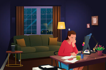 Modern Woman Working at Home at Night Illustration