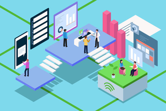 Isometric of Business People Working With Technology Illustration