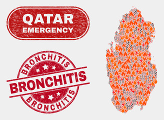 Vector composition of hazard Qatar map and red round grunge Bronchitis seal. Emergency Qatar map mosaic of burning, energy lightning elements. Vector composition for emergency services,