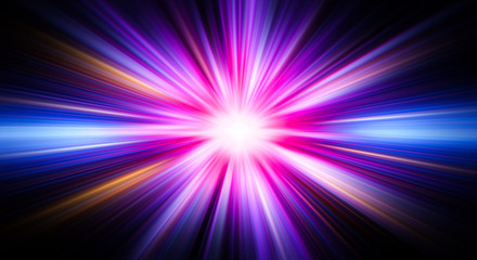 Colorful abstract radiant flash. Explosion hyper acceleration race .for speed in futuristic outer space. Star on dark background. .Magic explosion star with particles. Light effect.
