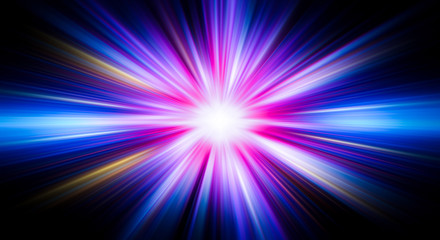 Colorful abstract radiant flash. Explosion hyper acceleration race .for speed in futuristic outer space. Star on dark background. .Magic explosion star with particles. Light effect.