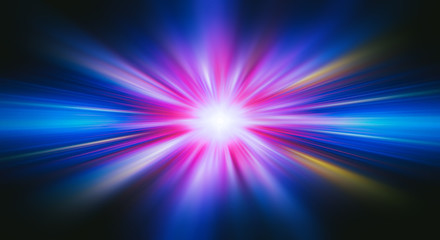 Colorful abstract radiant flash. Explosion hyper acceleration race .for speed in futuristic outer space. Star on dark background. .Magic explosion star with particles. Light effect.