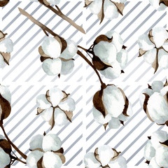 White cotton floral botanical flowers. Watercolor background illustration set. Seamless background pattern.