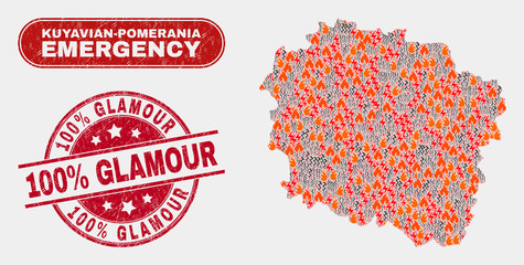 Vector collage of danger Kuyavian-Pomeranian Voivodeship map and red rounded grunge 100% Glamour seal stamp. Emergency Kuyavian-Pomeranian Voivodeship map mosaic of burning, power hazard elements.