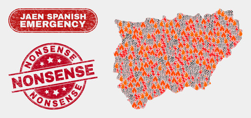 Vector composition of disaster Jaen Spanish Province map and red rounded scratched Nonsense seal stamp. Emergency Jaen Spanish Province map mosaic of fire, energy strike symbols.