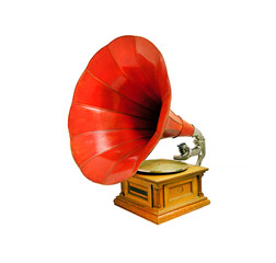 Vintage musical gramophone photographed closeup on white background
