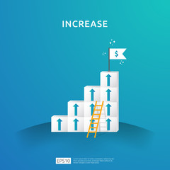 Growth business increase concept with stacking block. step stair ladder with arrow up vector illustration for success process, rise income salary rate, finance performance of return on investment ROI.