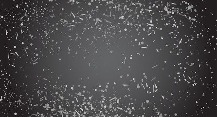 Confetti on isolated black background. Texture with many glitters. Holiday elements. Pattern for flyers, banners and textiles. Black and white illustration