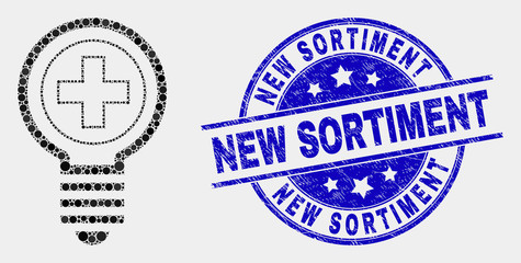 Obraz premium Dotted medical bulb mosaic pictogram and New Sortiment seal stamp. Blue vector round grunge stamp with New Sortiment message. Vector composition in flat style.