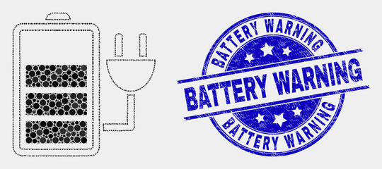 Pixel charge battery mosaic pictogram and Battery Warning watermark. Blue vector round grunge watermark with Battery Warning message. Vector combination in flat style.