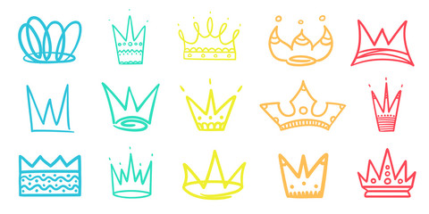 Colorful outline crowns on white. Hand drawn simple objects. Line art. Elements for your design