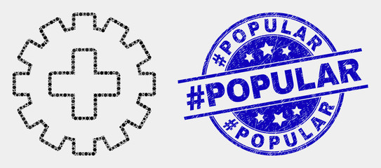 Dotted plus gear mosaic pictogram and #Popular seal stamp. Blue vector rounded scratched seal stamp with #Popular text. Vector combination in flat style.