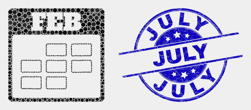 Dotted february calendar mosaic pictogram and July seal stamp. Blue vector round textured seal with July title. Vector combination in flat style.