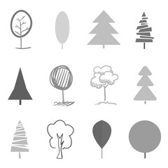Fototapeta na wymiar Monochrome trees and christmas trees on white. Decorative objects of nature for your design. Black and white illustration