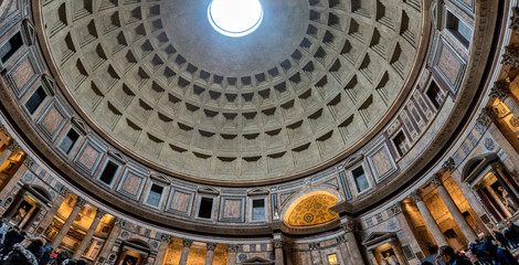 Looking up at the Pantheon's dome in Rome, Italy. The dome is almost two thousand years old and...
