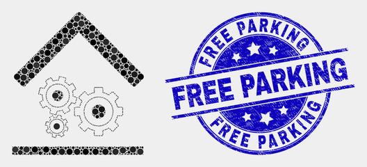 Dotted engine service garage mosaic icon and Free Parking seal. Blue vector rounded scratched seal stamp with Free Parking text. Vector composition in flat style.