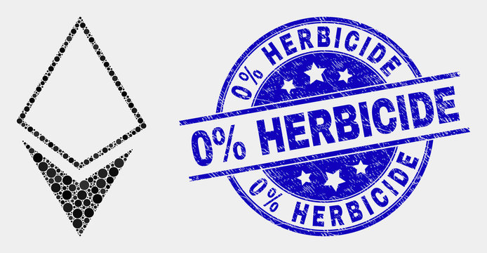 Dotted crystal mosaic pictogram and 0% Herbicide seal stamp. Blue vector rounded scratched seal stamp with 0% Herbicide text. Vector combination in flat style.