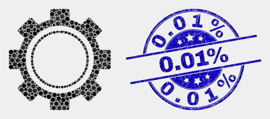 Dotted gear mosaic pictogram and 0.01% stamp. Blue vector round scratched stamp with 0.01% caption. Vector combination in flat style. Black isolated gear mosaic of scattered dots, and 0.