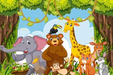 Obraz na płótnie Canvas Happy animals in jungle scene