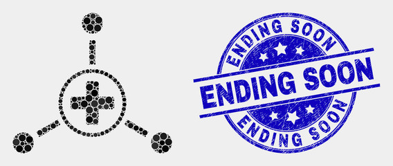 Pixel medical center links mosaic icon and Ending Soon seal stamp. Blue vector round textured seal stamp with Ending Soon message. Vector composition in flat style.