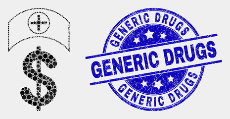 Obraz premium Pixel medicine price mosaic pictogram and Generic Drugs seal stamp. Blue vector round distress seal stamp with Generic Drugs caption. Vector composition in flat style.