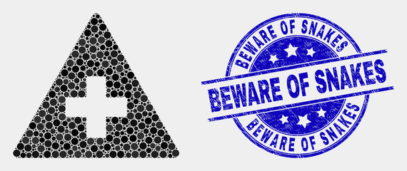 Pixelated medical warning triangle mosaic pictogram and Beware of Snakes seal stamp. Blue vector rounded distress seal stamp with Beware of Snakes text. Vector collage in flat style.