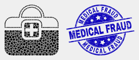 Dotted first-aid case mosaic icon and Medical Fraud seal stamp. Blue vector round scratched seal with Medical Fraud text. Vector collage in flat style.