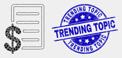 Dotted price list mosaic icon and Trending Topic seal stamp. Blue vector round grunge seal with Trending Topic text. Vector combination in flat style.