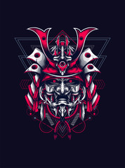 samurai head with detail mask and sacred geometry pattern as the background