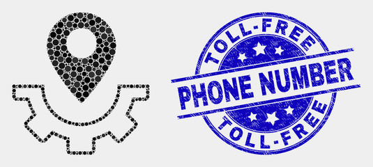 Obraz premium Dotted service map marker mosaic icon and Toll-Free Phone Number watermark. Blue vector round grunge watermark with Toll-Free Phone Number text. Vector combination in flat style.