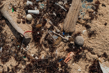 Headless doll and other plastic pollution on beach, Mexican Caribbean