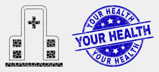 Dotted clinic building mosaic icon and Your Health seal stamp. Blue vector round grunge stamp with Your Health title. Vector combination in flat style.