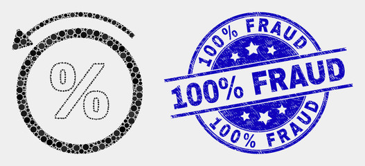 Dot percent back mosaic pictogram and 100% Fraud seal. Blue vector rounded scratched seal stamp with 100% Fraud message. Vector composition in flat style.