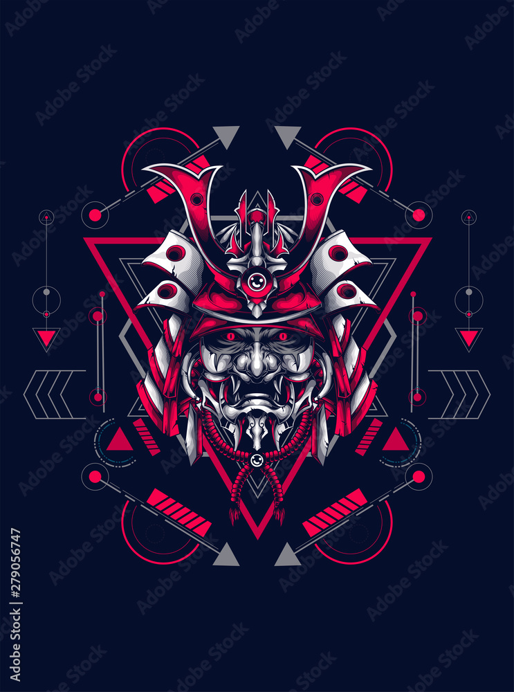 Wall mural samurai head logo illustration with sacred geometry pattern as the background for any digital or apparel stuff