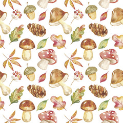Watercolor seamless autumn pattern with mushrooms, cones, acorns, leaves. Texture for wallpaper, fabric, autumn design, textiles, packaging, baby shower, logo, prints, cover design, children.