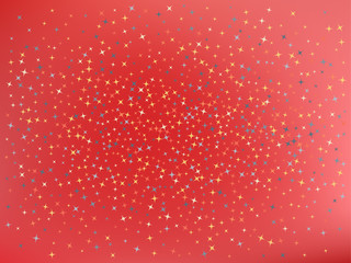 Coral color background. Stars confetti. 