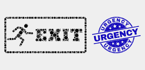 Obraz premium Pixel emergency exit mosaic pictogram and Urgency stamp. Blue vector round distress seal stamp with Urgency title. Vector composition in flat style.