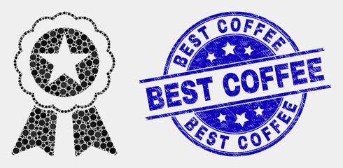 Pixel star seal mosaic icon and Best Coffee seal stamp. Blue vector rounded textured seal stamp with Best Coffee caption. Vector composition in flat style.
