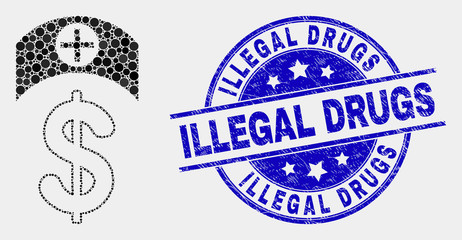 Dot medicine price mosaic icon and Illegal Drugs seal stamp. Blue vector round textured seal stamp with Illegal Drugs text. Vector combination in flat style.