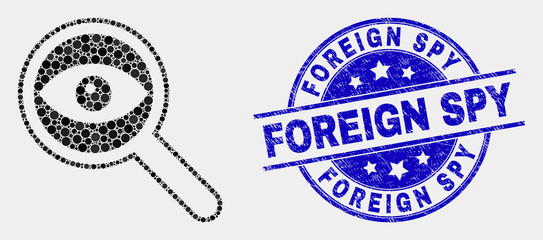 Pixelated investigate mosaic icon and Foreign Spy stamp. Blue vector round scratched seal stamp with Foreign Spy title. Vector combination in flat style.