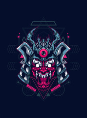samurai head logo illustration with sacred geometry pattern as the background for any digital or apparel stuff