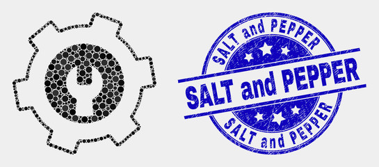 Dotted repair gear mosaic pictogram and Salt and Pepper seal stamp. Blue vector rounded grunge seal stamp with Salt and Pepper message. Vector collage in flat style.