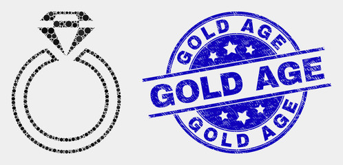 Pixel jewelry ring mosaic pictogram and Gold Age seal stamp. Blue vector rounded textured seal stamp with Gold Age message. Vector combination in flat style.