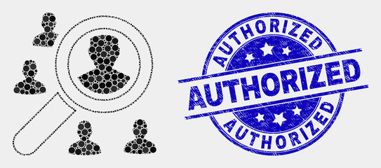Obraz premium Pixel search users mosaic pictogram and Authorized seal. Blue vector round scratched seal with Authorized title. Vector composition in flat style. Black isolated search users mosaic of scattered dots,