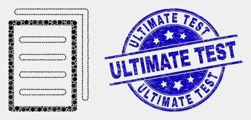 Pixel list page mosaic pictogram and Ultimate Test watermark. Blue vector rounded scratched stamp with Ultimate Test phrase. Vector combination in flat style.