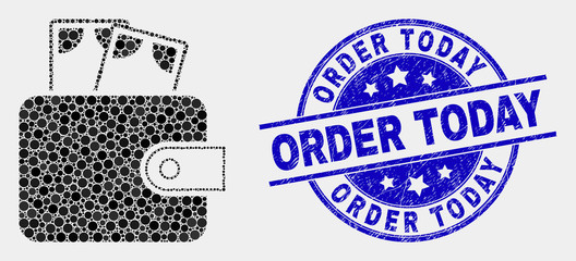 Pixelated cash purse mosaic pictogram and Order Today watermark. Blue vector rounded textured watermark with Order Today title. Vector combination in flat style.