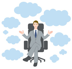 The young man who sits down on a chair and speech bubble