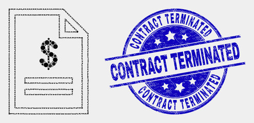 Pixel price page mosaic icon and Contract Terminated stamp. Blue vector rounded grunge seal with Contract Terminated phrase. Vector combination in flat style.