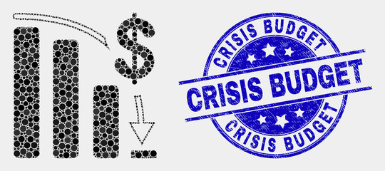 Pixelated bankruptcy bar chart mosaic icon and Crisis Budget seal. Blue vector round grunge seal stamp with Crisis Budget caption. Vector combination in flat style.