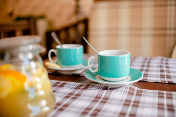  Set of Blue Coffee cups beverage, tea pot, drinks cappuccino. Horizontal several objects copyspace. destiny cookies